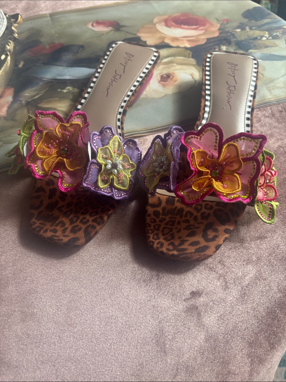 Betsey Johnson Leopard-Print Slide Mules with Multicolor Floral Appliqués